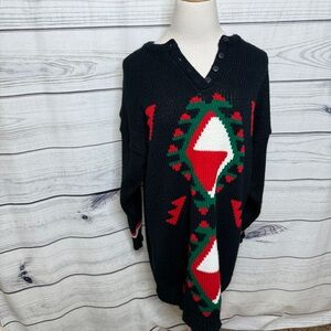 Black knit vintage sweater, red green mosaic pattern, oversized